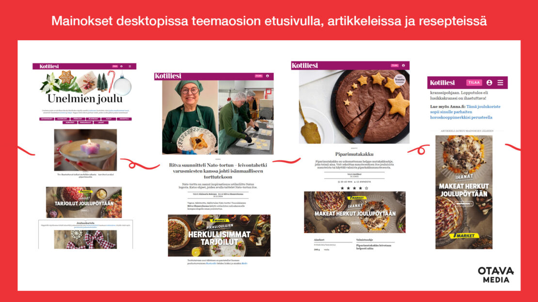 Mainokset desktopissa teemaosion etusivulla, artikkeleissa ja resepteissä.