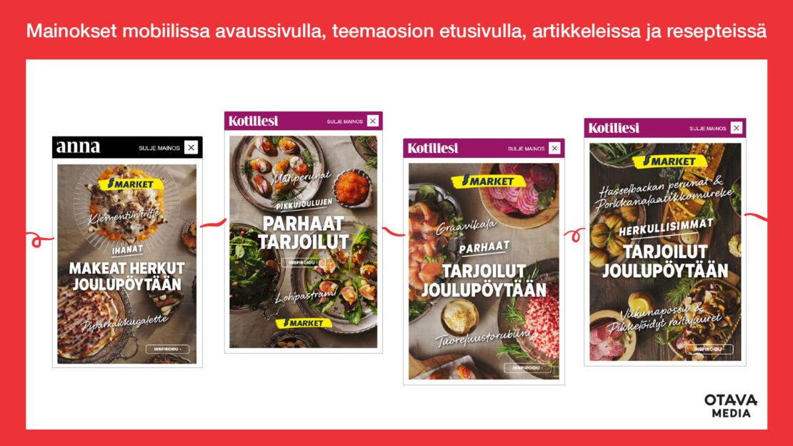 Mainokset mobiilissa avaussivulla, teemaosion etusivulla, artikkeleissa ja resepteissä.